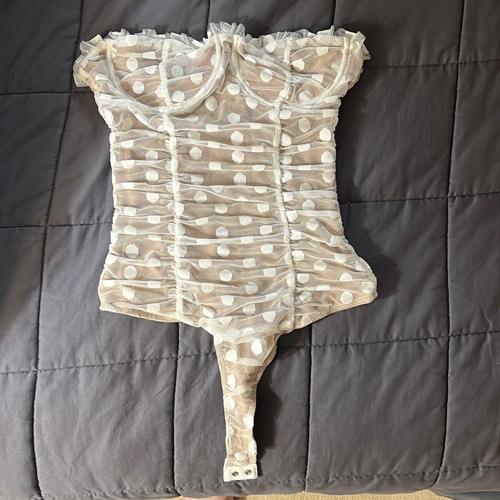 MAJORELLE Polka Dot Bodysuit in Cream and White